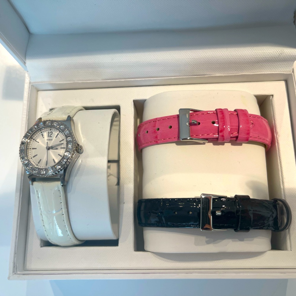 Guess Watch with white, pink, and blank interchangeable straps!